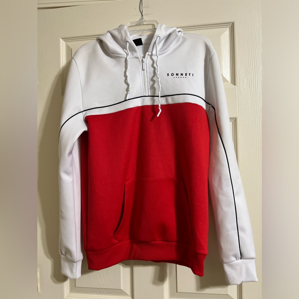 Sonneti London Men’s Adam Quarter Zip Red & White Hoodie-Size L